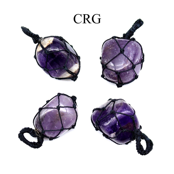 Amethyst Tumbled Black Cord Macramé Pendant (1 Inch) (5 Pieces)
