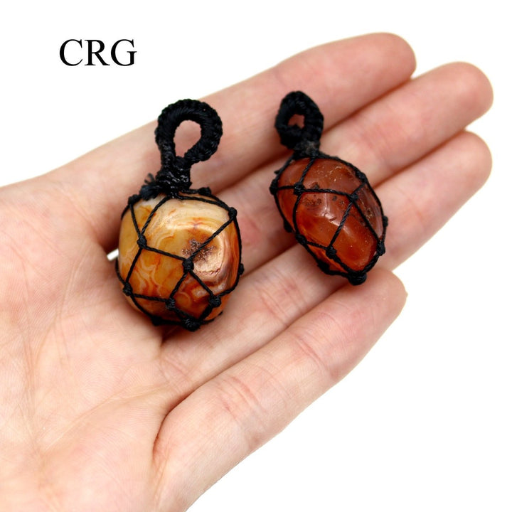 Carnelian Tumbled Pendant with Black Cord Macramé (1 Inch) (5 Pieces)