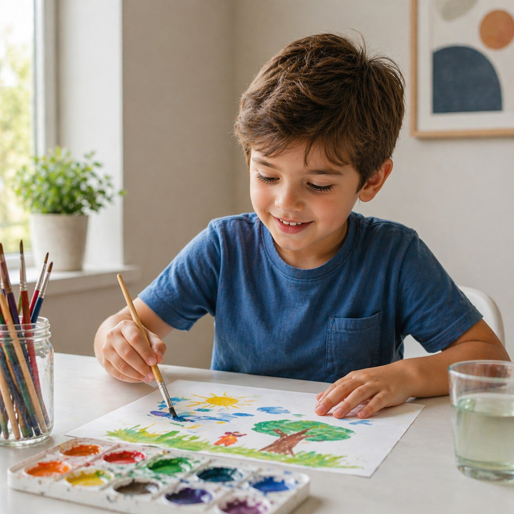 Child painting a picture with watercolors at a table.