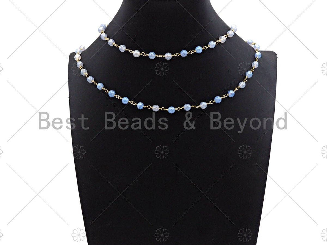 Mystic Blue Agate Faceted Navy Blue Tiger Eye Rosary Chain, 6mm Beaded Chain, Wire Wrapped Gold Chain,Sku#V91