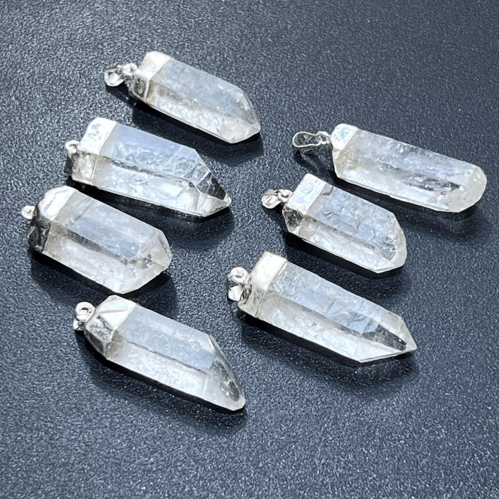 Authentic Quartz Crystal Point Pendant with Silver-Plated Bail & Cap
