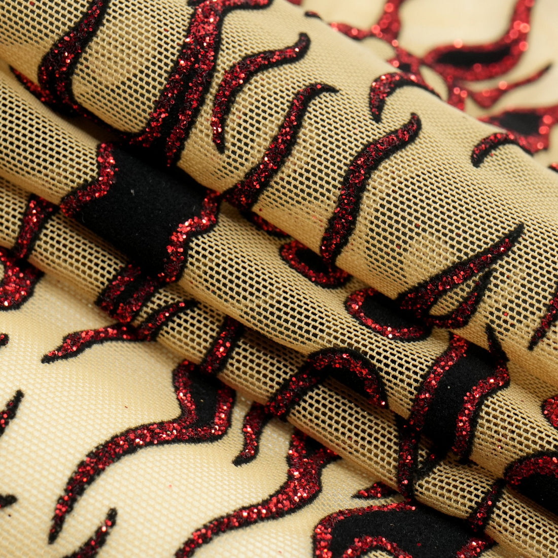 Fiery Glittered Flocked Stretch Mesh Fabric | Blue Moon Fabrics