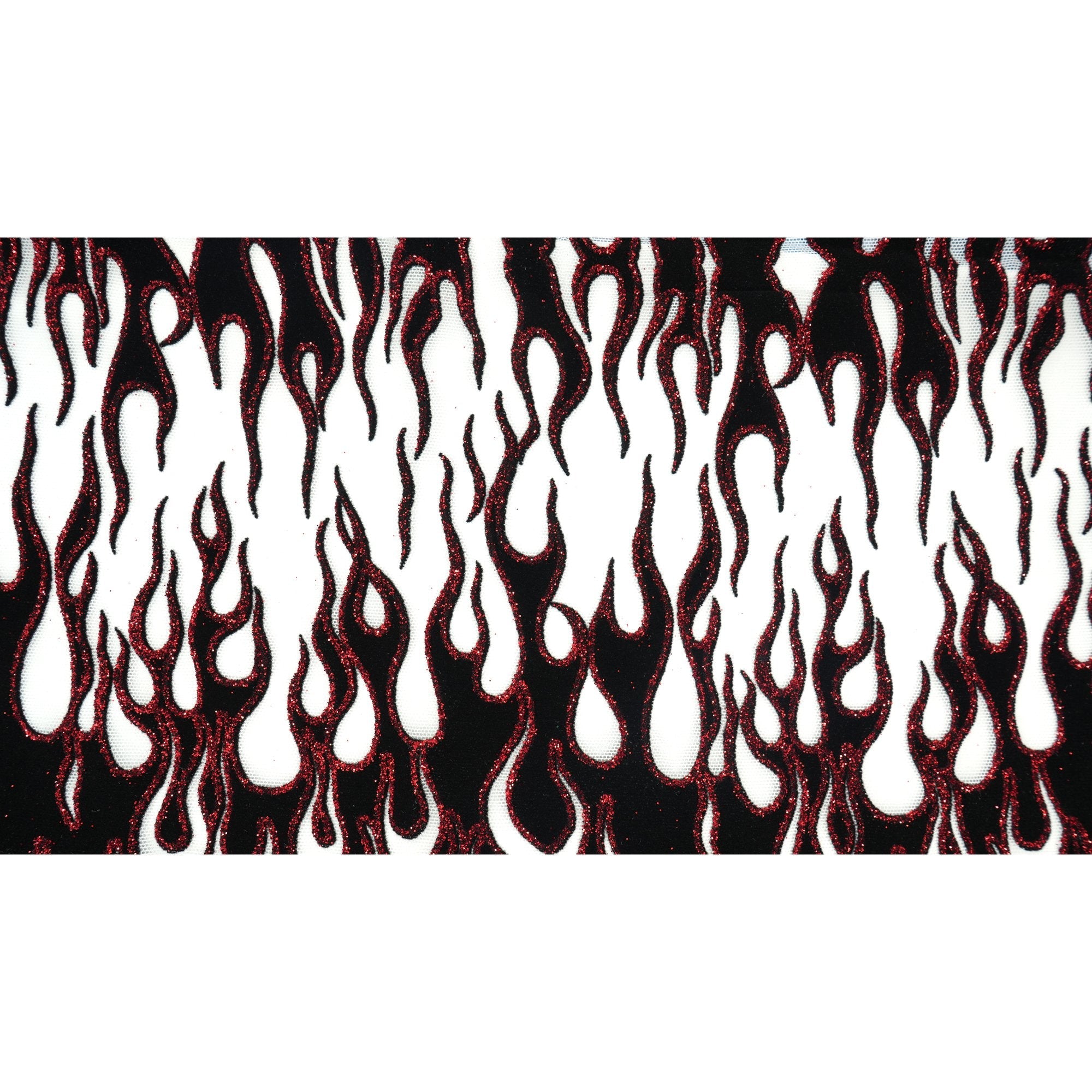 Fiery Glittered Flocked Stretch Mesh Fabric | Blue Moon Fabrics