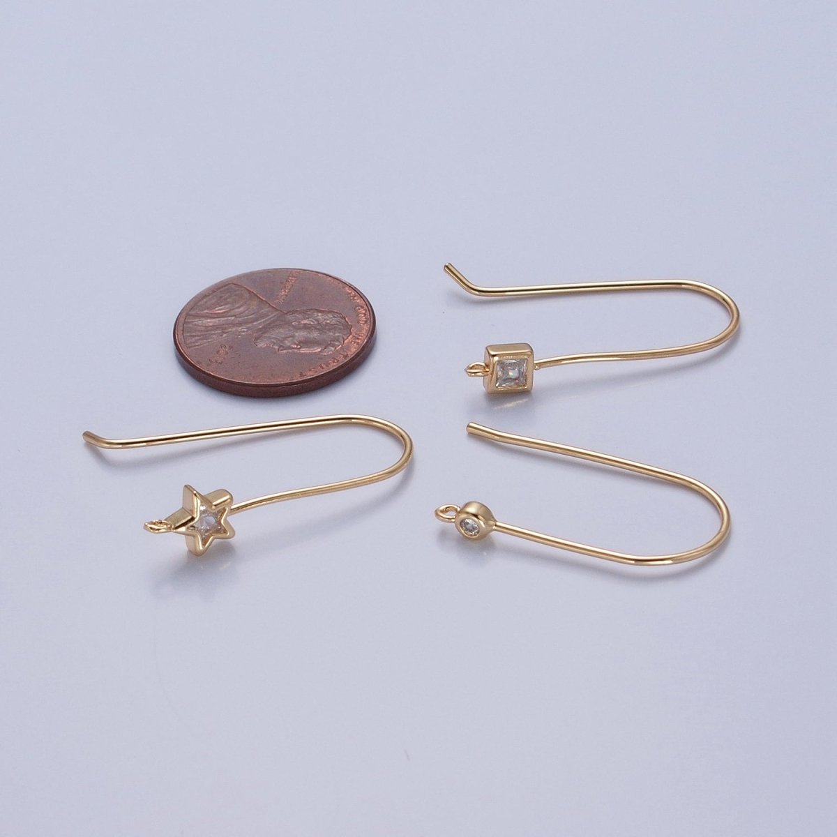 Gold Filled French Hook Earrings, Geometric Marquise Heart Baguette Oval Square Star Round CZ Cubic Zirconia Fish Hook Earrings with Open Link Loop for Earrings Making L-802~L-808