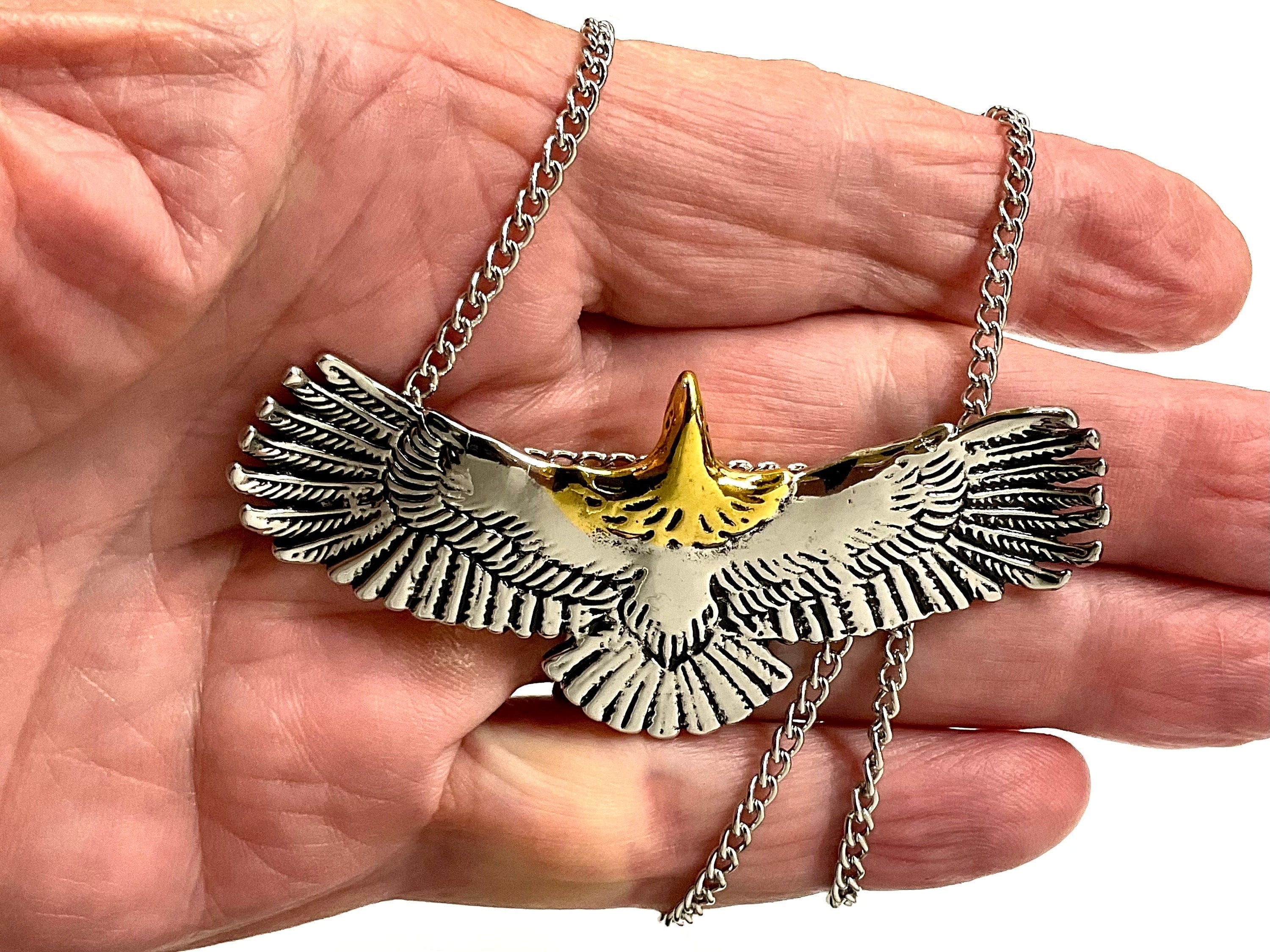 Silver American Eagle Biker Necklace with Gold Trim