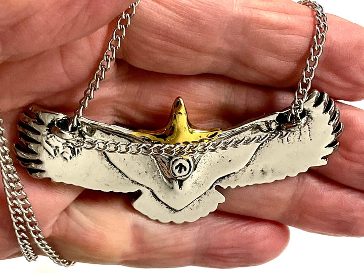 Silver American Eagle Biker Necklace with Gold Trim