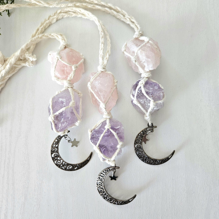 Macrame wrapped crystal rear view mirror charm. Amethyst and rose quartz. With moon charm.