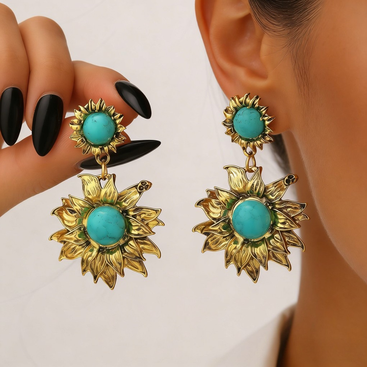 Turquoise Sunflower Charm Vintage Boho Earrings