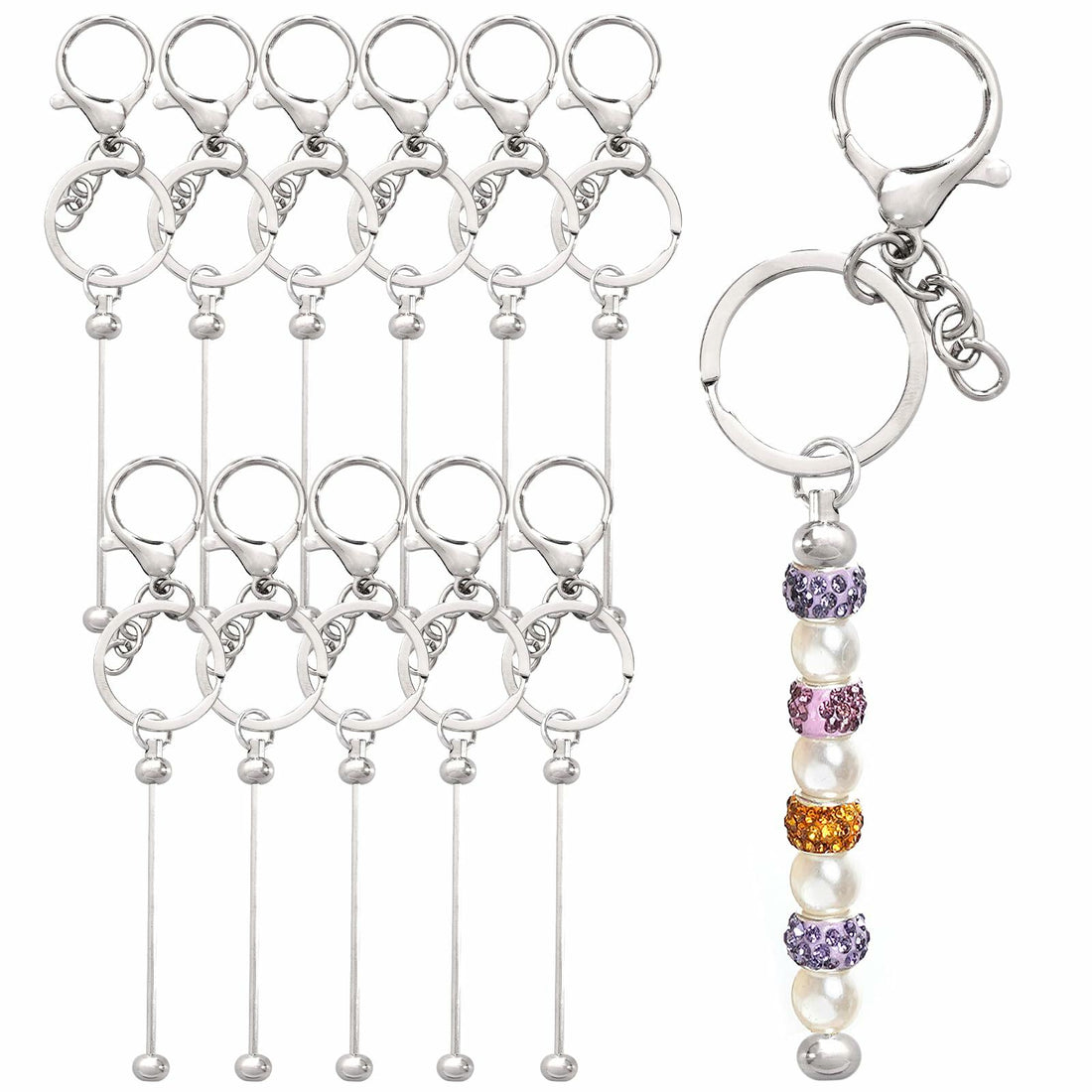 Rthjsfj 12Pcs Beadable Metal Keychain Bars for Beads DIY Craft Kit Silver