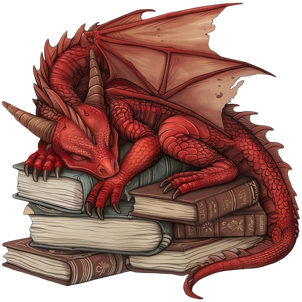 Dragon Sleeping on Books Fabric Panel 10