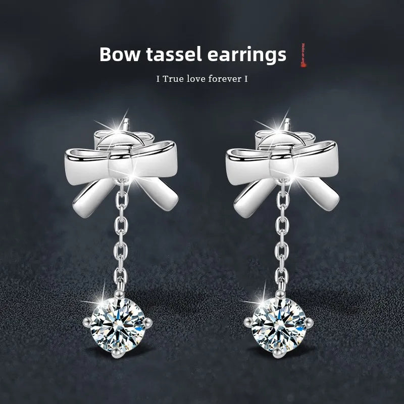 Moissanite Bow Stud and Drop Earrings in Sterling Silver