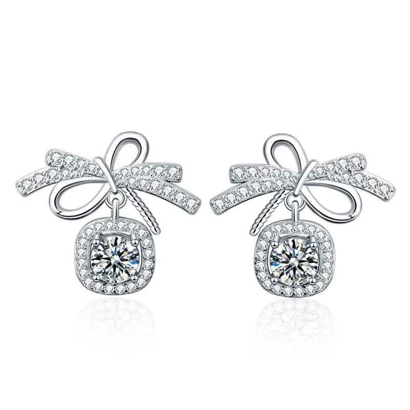 Moissanite Bow Stud and Drop Earrings in Sterling Silver