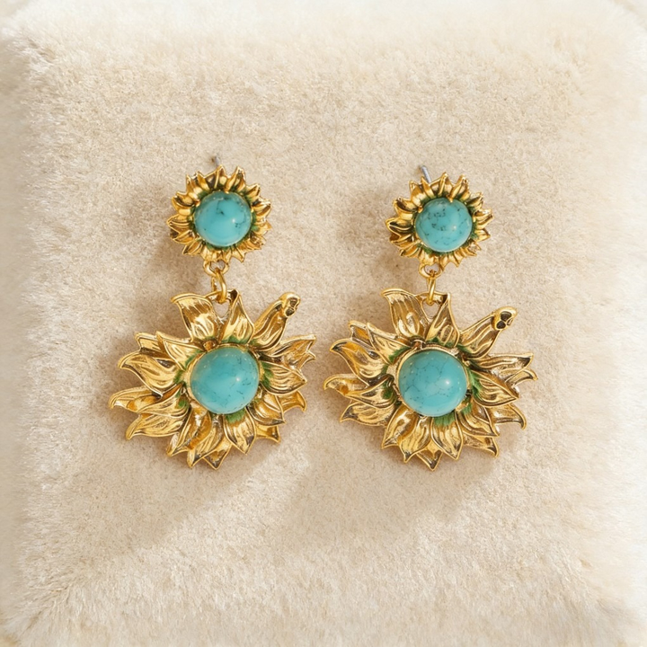 Turquoise Sunflower Charm Vintage Boho Earrings