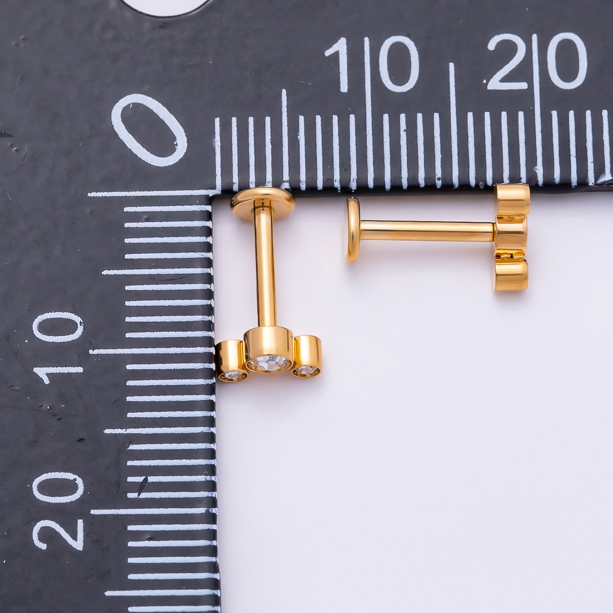 Titanium 11mm Triple Round CZ Bezel Cartilage Piercing Flat Back Stud in Gold & Silver | Findings-00433 Findings-00434