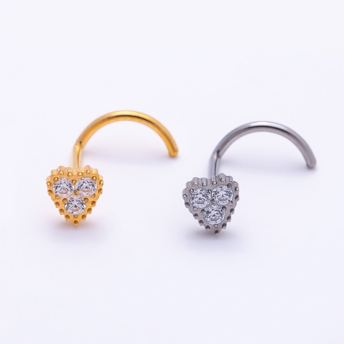 Titanium 4mm CZ Heart Cartilage Nose Single Piercing Flat Back Stud in Gold & Silver | Findings-00448 - Findings-00449