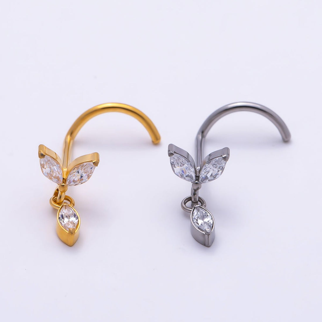 Titanium 9.5mm Marquise CZ Leaf Cartilage Nose Single Piercing Stud in Gold and Silver | Findings-00456 Findings-00457