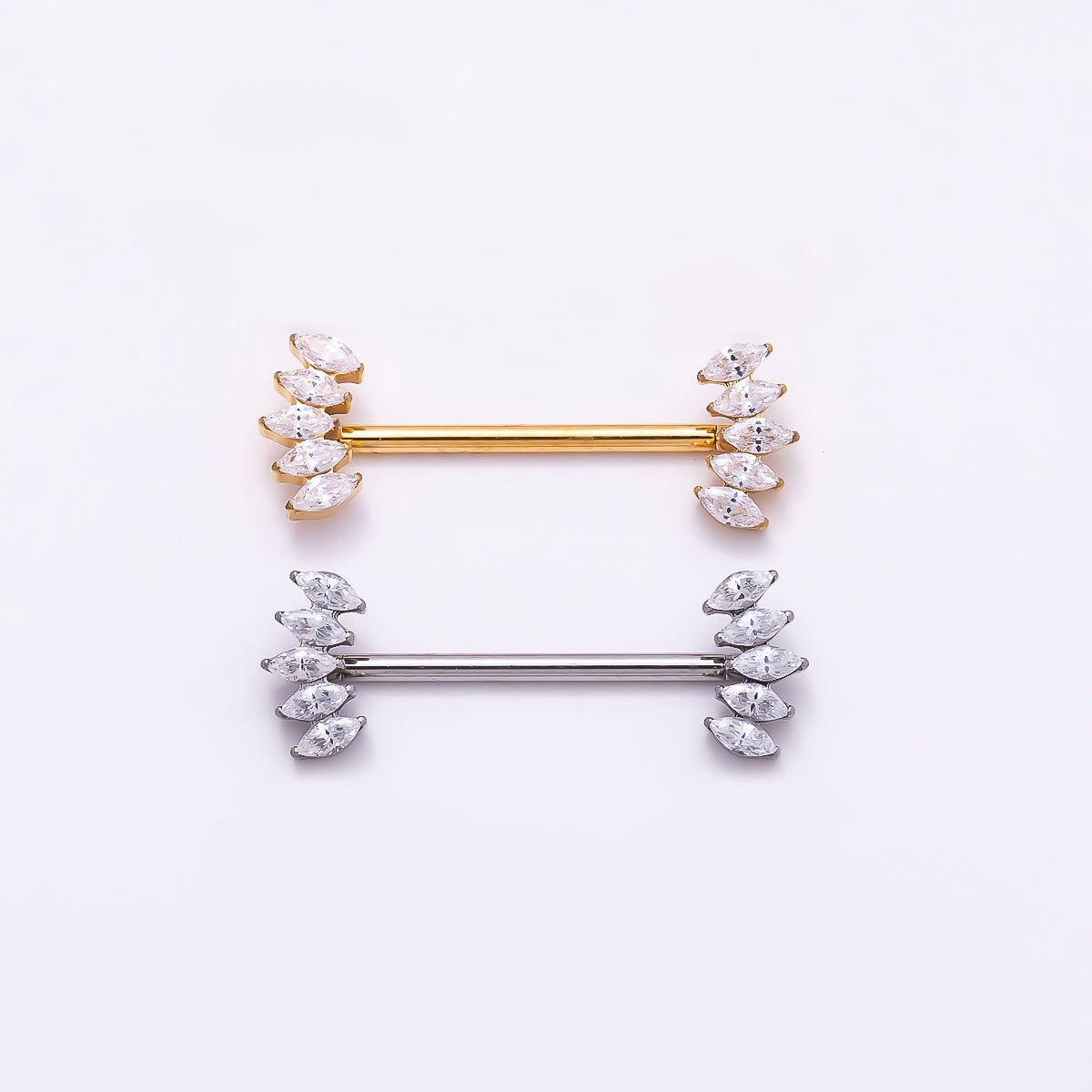 Titanium Clear CZ Multiple Marquise Fan Nipple Barbell Piercing Body Jewelry in Gold & Silver | Findings-00297