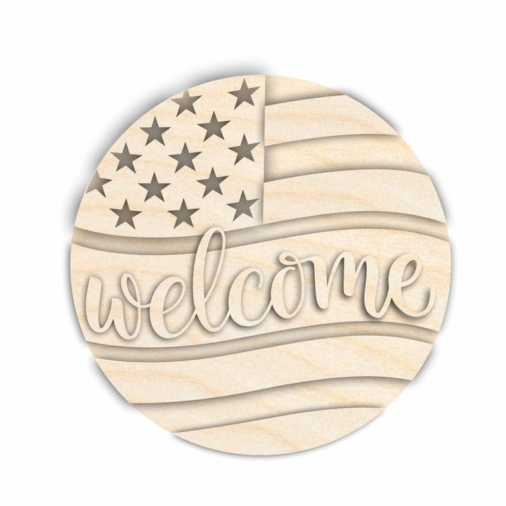 Unfinished Wood Welcome USA Flag Door Sign Kit | Wood Craft Cutouts | 1/4" Thick |