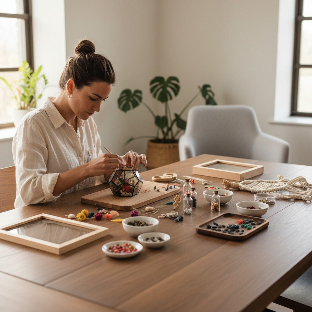 Woman working on a craft project at a table with various materials