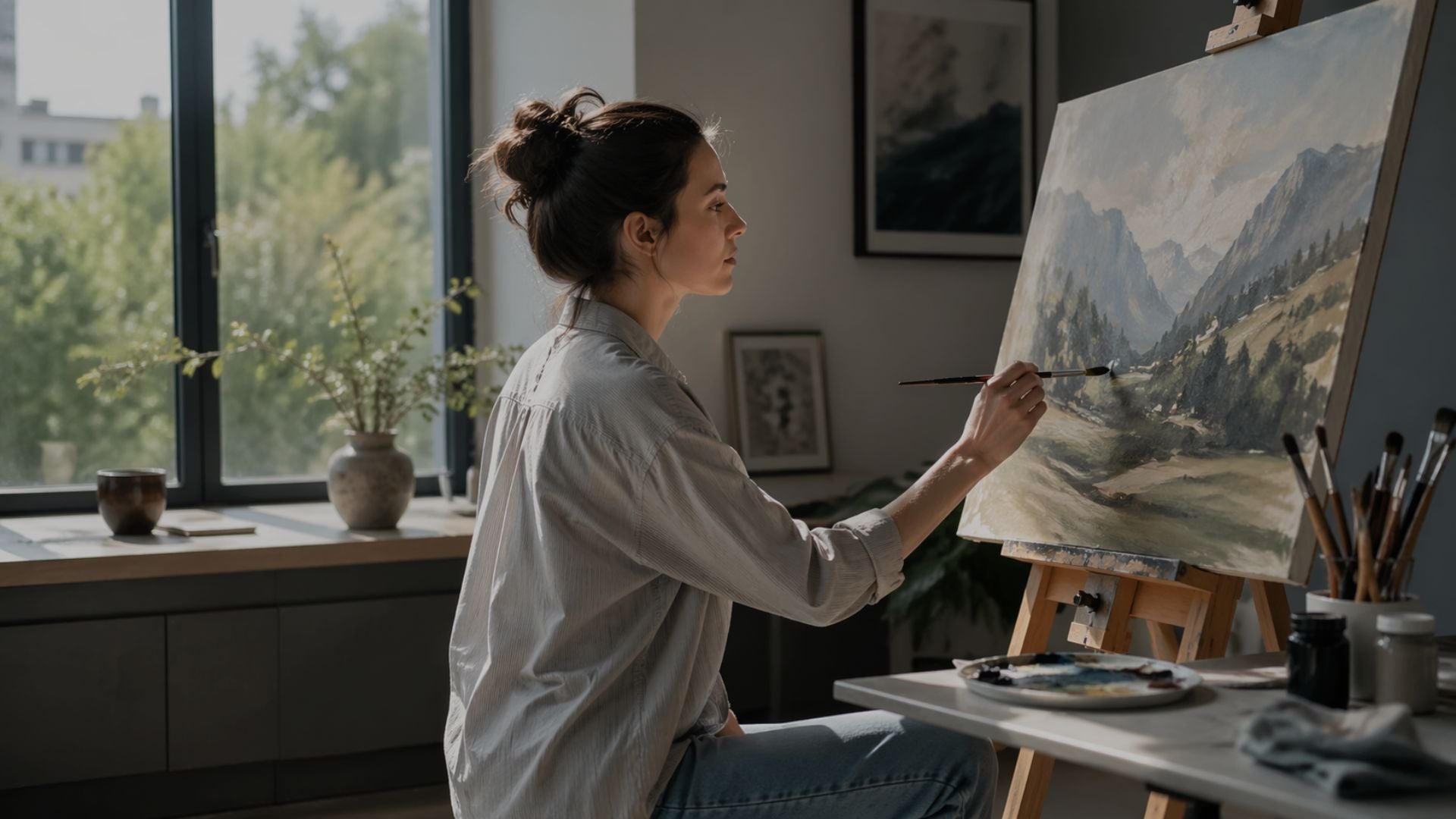 Woman painting a landscape scene on an easel in a room with large windows.