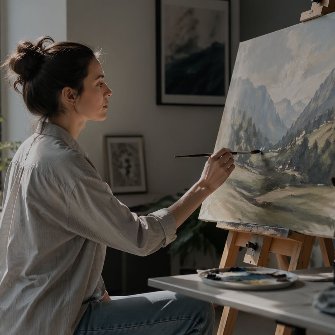 Woman painting a landscape scene on an easel in a studio setting.