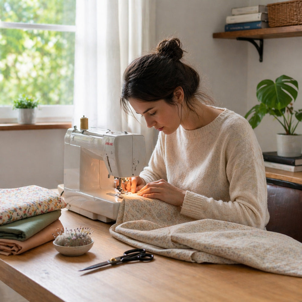 Woman working on a sewing project at a table with a sewing machine and fabric.