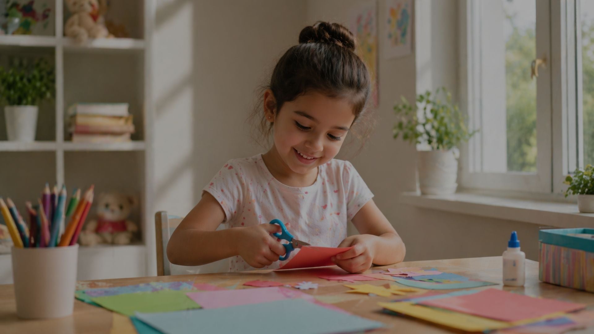 Young girl sitting at a table with craft materials, smiling.
