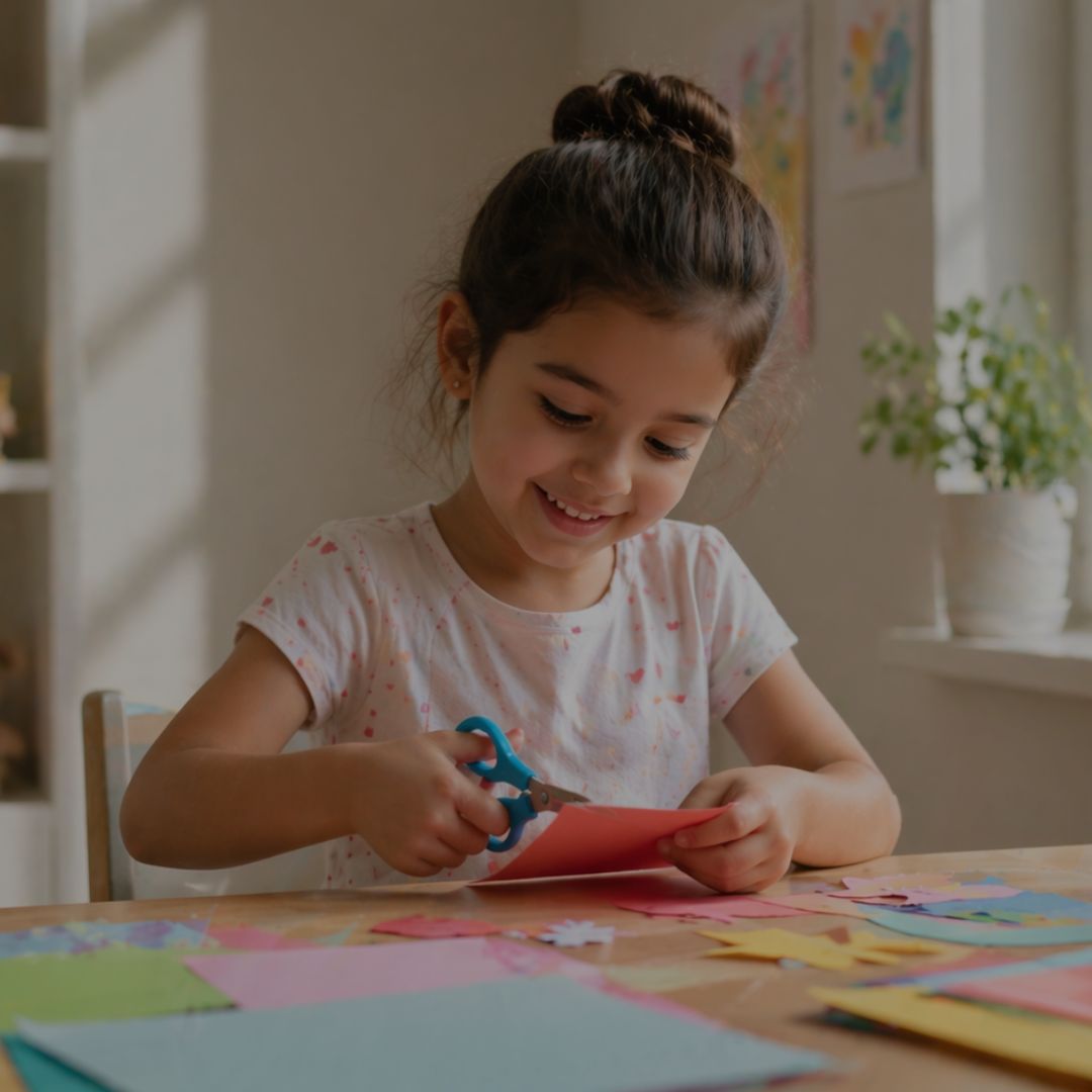 Young girl cutting paper with scissors at a table in a home setting